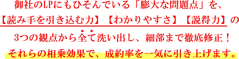 御社のLPにもひそんでいる「膨大な問題点」を、【読み手を引き込む力】【わかりやすさ】【説得力】の“3つの観点”から全て洗い出し、細部まで徹底修正!それらの相乗効果で、成約率を一気に引き上げます。