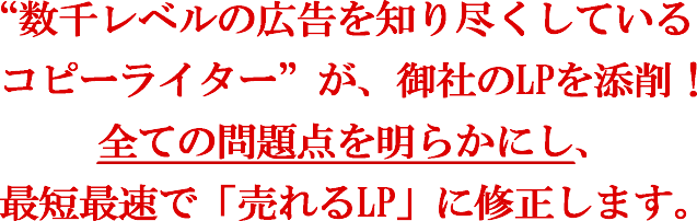 “数千レベルの広告を知り尽くしているコピーライター”が、御社のLPを添削!全ての問題点を明らかにし、最短最速で「売れるLP」に修正します。